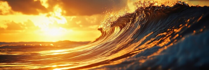 Wall Mural - A majestic wave crashes in the ocean, illuminated by the warm golden light of the setting sun. This image evokes a sense of power, tranquility, and the beauty of nature. The sun's reflection on the wa