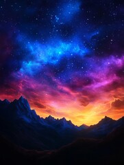 Wall Mural - a majestic mountain range silhouetted against a breathtaking sky, awash in vibrant hues of pink, blu