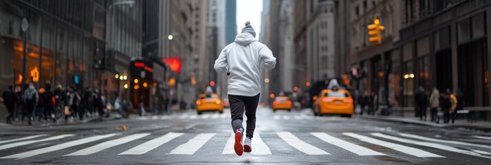 A man in a white hoodie runs through a busy city street. He is focused on his run, with the city skyline behind him. The photo symbolizes determination, motivation, urban living, and a healthy lifesty