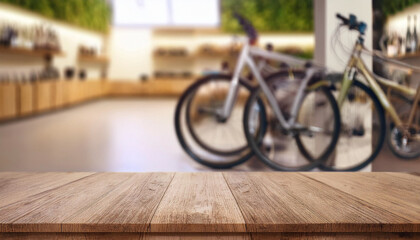 Empty bike shop counter table, blurred background, modern bike shop, copy space. Store with rows of new bicycles, cycling sports store.  ideal for displaying advertising products
