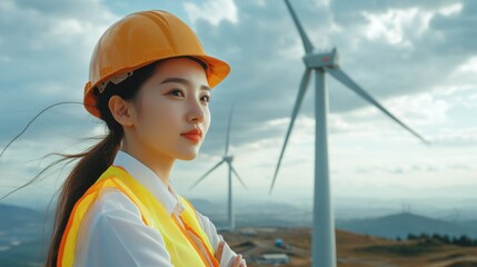 Young professional woman in safety gear overlooks wind turbines during a cloudy day