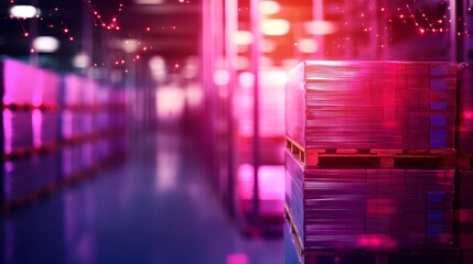 A modern logistic warehouse with rows of stacked pallets representing efficient inventory management and supply chain operations. The vibrant pink and purple lighting suggests a dynamic and bustling e