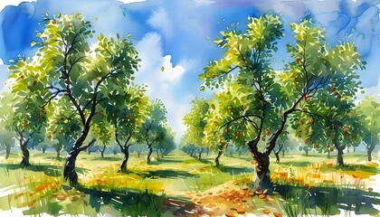 Vibrant watercolor depiction of a serene almond grove under a clear blue sky, celebrating nature and agriculture in a lush landscape