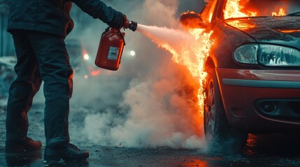 Firefighter extinguishes flames on a burning car during nighttime emergency response