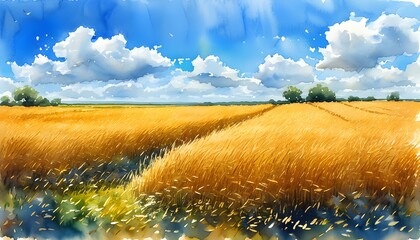 Wall Mural - Golden Wheat Field Under a Vivid Blue Sky with Fluffy Clouds, Embodying Countryside Serenity and Agricultural Beauty