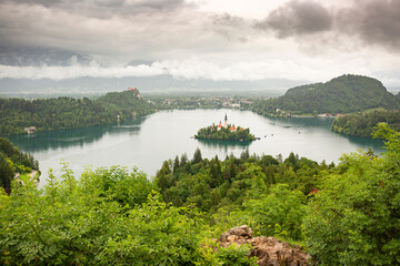 Wall Mural - Lake Bled, Slovenia with cloudy sky