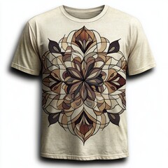 A decorative t-shirt featuring an intricate mandala design in earthy tones.