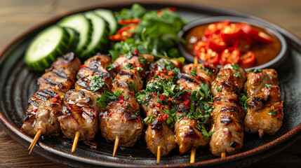 Wall Mural - A plate of meat skewers with a side of vegetables.