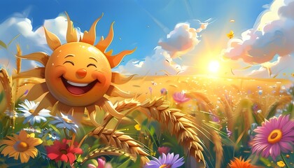 Wall Mural - Joyful cartoon sun beaming over a vibrant wheat field adorned with fluffy clouds and colorful flowers, capturing the essence of summer and childhood delight