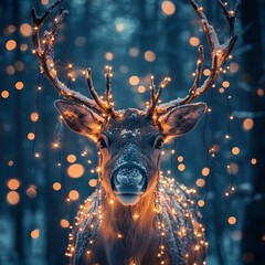 Poster - A deer adorned with glowing lights in a snowy forest setting.