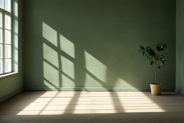 Wall Mural - A serene and minimalist interior featuring an empty room with a green wall, sunlight streaming through a window casting long shadows on the wooden floor. A single potted plant adds a touch of life to 