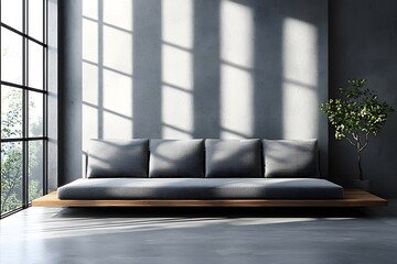 Wall Mural - Modern minimalist living room with sunlit sofa and indoor plant