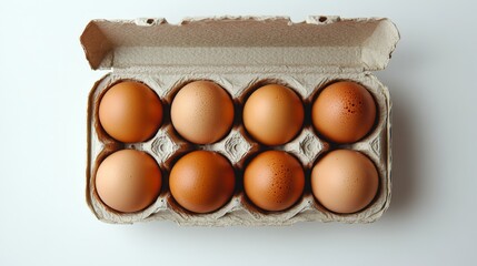 An open egg box containing ten brown eggs is isolated on a white background