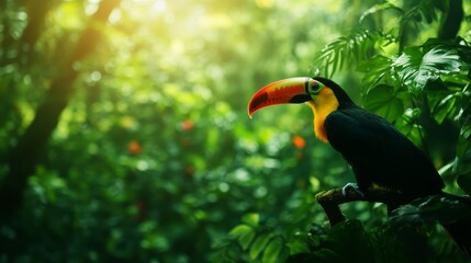 A toucan with a bright yellow, orange and black beak perches on a branch in a lush, misty rainforest. The bird's colorful plumage contrasts with the verdant greenery, representing the beauty and diver