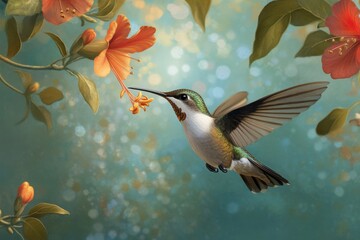 A vibrant hummingbird hovers mid-flight, its iridescent feathers catching the sunlight as it delicately sips nectar from a bright orange flower. The scene represents beauty, nature's delicate balance,