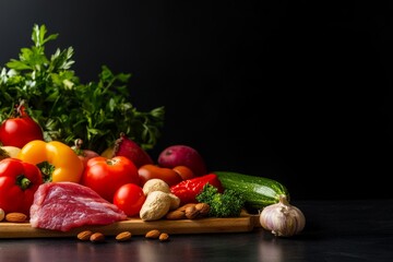 A vibrant kitchen scene showcasing a variety of fresh vegetables, fruits, and a piece of meat on a wooden cutting board. This image symbolizes healthy eating, fresh ingredients, and a delicious meal p