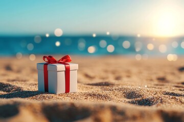 A white gift box with a red ribbon sits on a sandy beach with a blurred bokeh background of the ocean and sunset. The image represents a surprise, a special occasion, a vacation gift, or a romantic ge