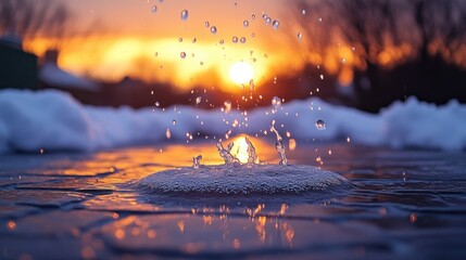 Wall Mural - Water droplets splashing at sunset over a snowy landscape.