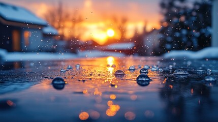 Wall Mural - Sunset reflections with raindrops on a snowy surface.