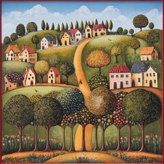 Wall Mural - A quaint village nestled amidst lush greenery and winding pathways.