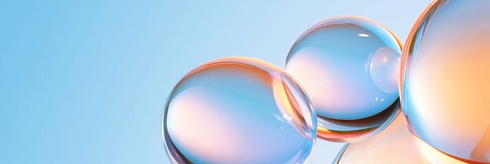 Wall Mural - an abstract image of iridescent bubbles floating on a blue background. the bubbles are translucent a
