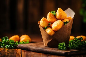 Crispy fried Brazilian coxinha and quibe snacks served in a brown paper cone, garnished with fresh parsley. These savory treats are perfect for a quick and satisfying snack or a light meal.