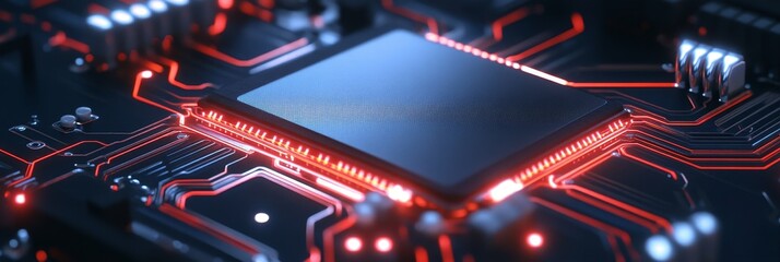 Wall Mural - This image features a close-up of a circuit board with glowing red lines and a central CPU. It symbolizes the speed, power, and complexity of modern technology. It can be used as a background for webs