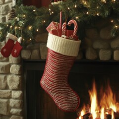 Sticker - A festive Christmas stocking hanging by a fireplace, filled with gifts and candy canes.