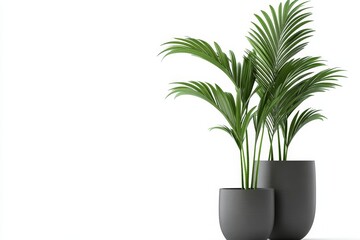 Two Kentia palm trees in grey pots, isolated on a white background. The trees are lush and green, symbolizing growth, tranquility, and indoor greenery. They offer a touch of nature, bringing a sense o