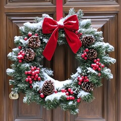 Poster - A festive Christmas wreath adorned with red berries, pine cones, and a red bow.