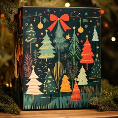 Canvas Print - A festive gift box decorated with colorful Christmas trees and ornaments.