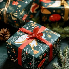 Sticker - A festive gift box wrapped in decorative paper, surrounded by holiday-themed elements.