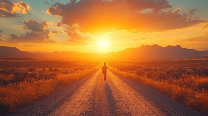 Poster - A solitary figure walks down a dirt road at sunset.