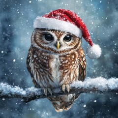 Sticker - A festive owl wearing a Santa hat perched on a snowy branch in a wintery scene.