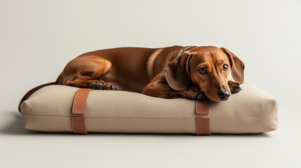 Poster - Cozy brown dachshund resting comfortably on a beige dog bed in a minimalist indoor setting during daylight