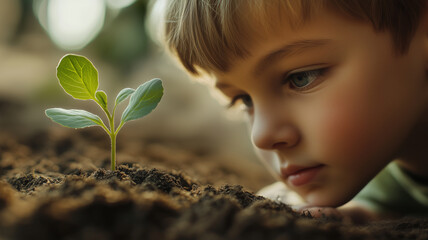 A young boy observes a young plant sprouting from the ground A young boy observes a plant sprouting from the ground A teenager observes a plant sprouting from the ground