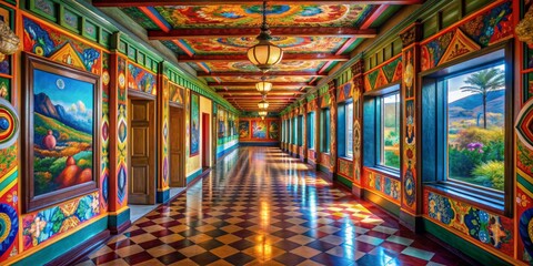 Wall Mural - Colorful Hallway with Checkered Floor, Painted Walls, and Windows with Landscape Views, hallway, colorful, architecture