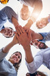 © BestCam/peopleimages.com - Business people, hands and circle in office for goals, project partnership and team collaboration. Staff, palm stack and meeting for growth development in workplace, low angle and support together