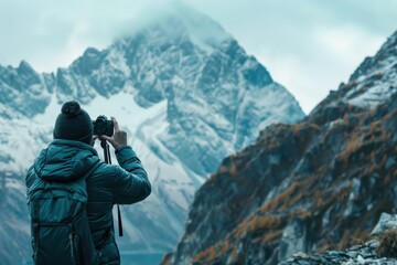 A man is taking a picture of the mountains with his camera, generative ai image