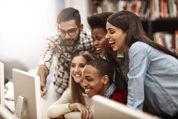 Canvas Print - Friends, computer and students learning at library for education, knowledge or test preparation in college. University research, group and internet for studying, project notes and online exam report