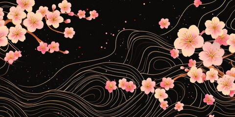 Canvas Print - Soft pink cherry blossoms elegantly contrast against a dark backdrop with flowing golden lines, creating a serene atmosphere