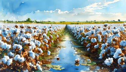 Wall Mural - Serene watercolor depiction of a cotton field adorned with fluffy white bolls beneath a vibrant blue sky, embodying the essence of rural agriculture and natures beauty