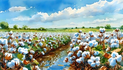 Wall Mural - Serene watercolor depiction of a cotton field adorned with fluffy white bolls beneath a vibrant blue sky, embodying the essence of rural agriculture and natures beauty