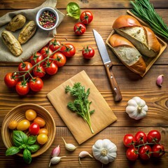 Mediterranean Kitchen Still Life Fresh Tomatoes, Garlic, Herbs and Bread, Mediterranean food, Italian food, cuisine