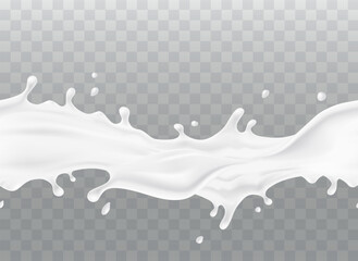 Wall Mural - milk splash seamless pattern. 3d white realistic yogurt wave border on transparent background. vecto