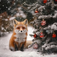 Sticker - A fox sits beside a decorated Christmas tree in a snowy landscape.