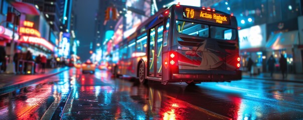 Wall Mural - A city bus with illuminated tail lights driving through a vibrant, rainy street at night, with blurred city lights in the background. Free copy space for banner.