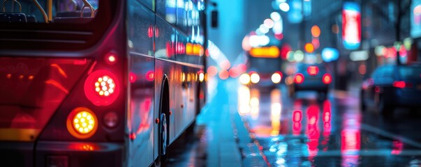 Wall Mural - A city bus with illuminated tail lights driving through a vibrant, rainy street at night, with blurred city lights in the background. Free copy space for banner.