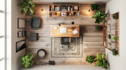 Top view 3D Render of a cozy study room with a wooden desk, plush chair, and warm lighting, floor plan, on isolated white background