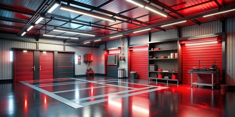 Modern Red Garage Interior Design, 3D Render, Industrial, Garage Design, Interior Design